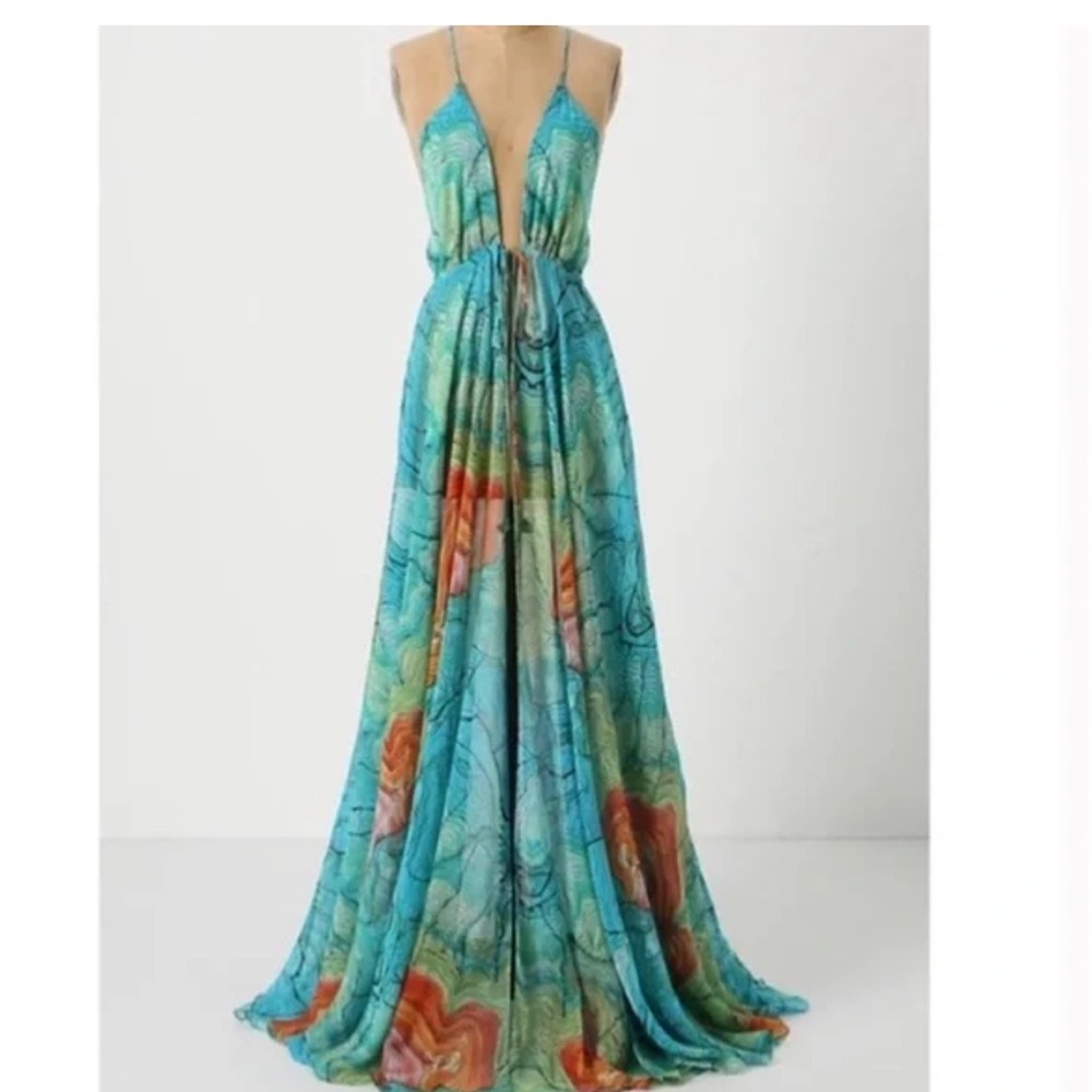 ISO Turquoise Floral Plunge Maxi Dress
